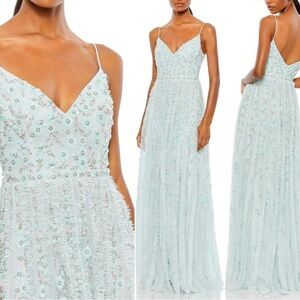 NWT Mac Duggal Embellished Ruffled Sea Mist 9166 A line Gown 14 & 16
